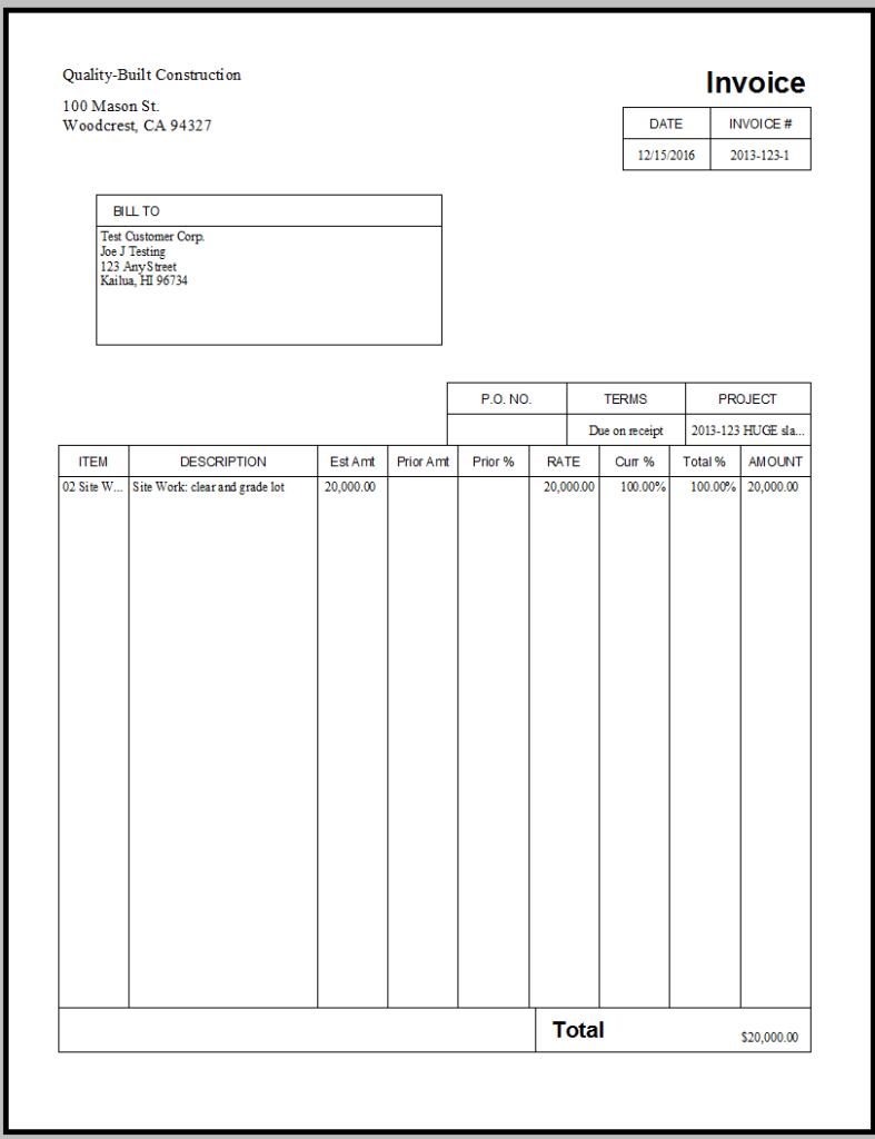 progress invoice with percentages